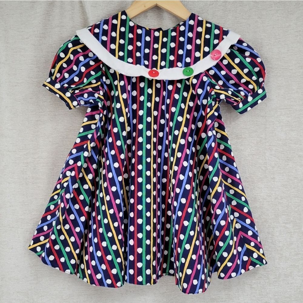 Where's Alice Vintage 80s Girls Size 6 Whimsical Polka-dot Stripe Colorful Dress
